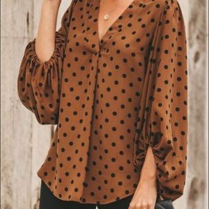 OC brown ballon sleeve blouse with black dots.